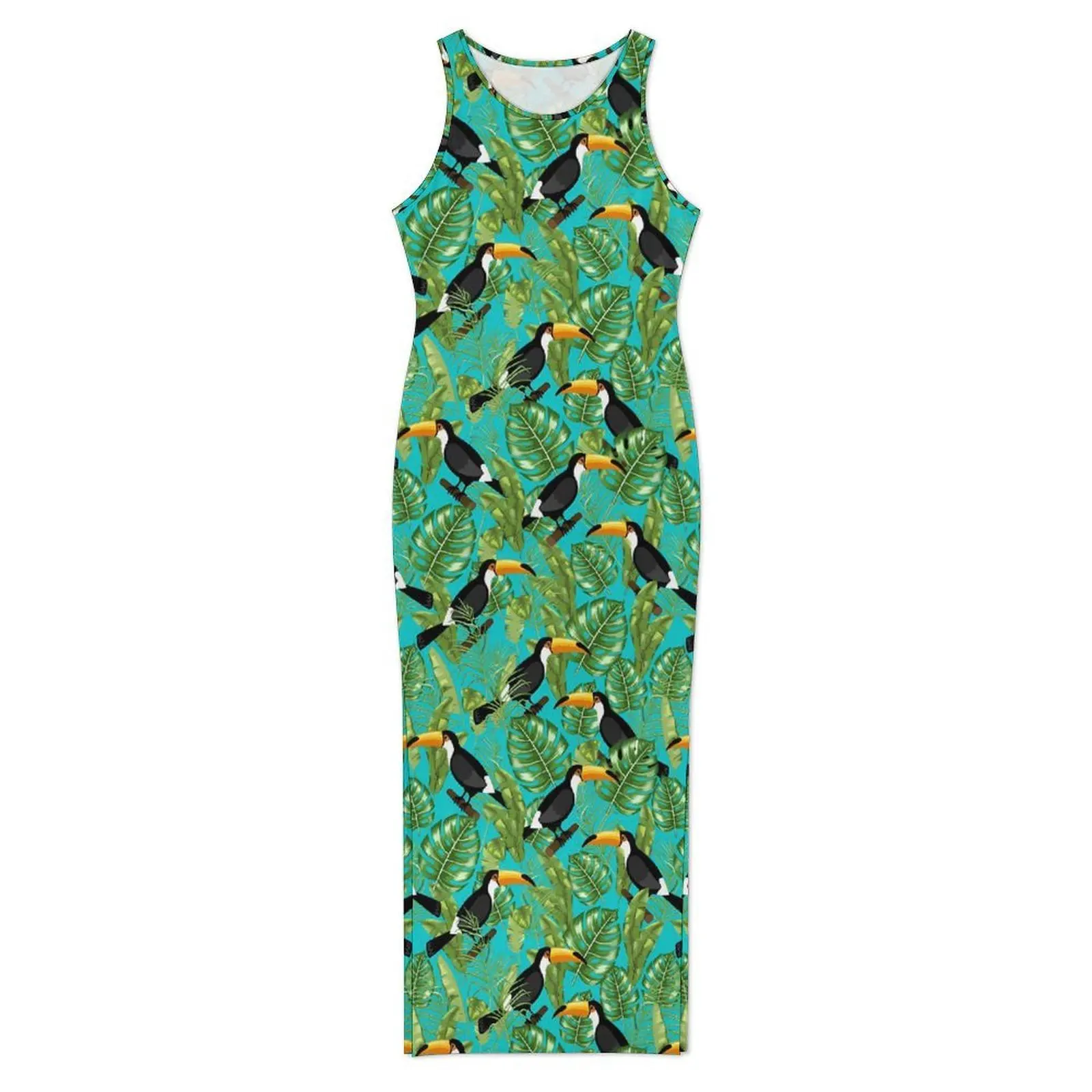 Woman Bodycon Dress Pretty Tropical Birds Print Maxi Dresses Spring Green Leaves Sleeveless Streetwear Custom Dress Big Size 4XL