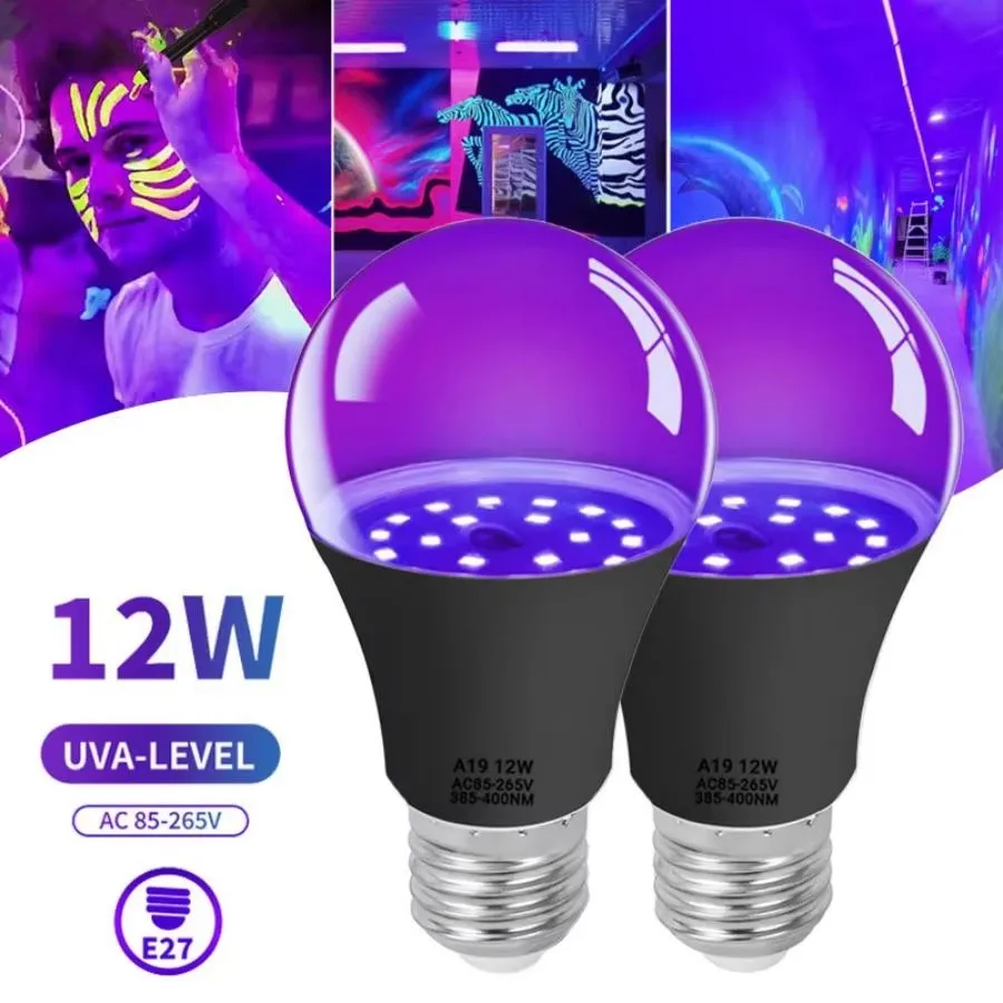 Bombilla de luz negra púrpura UV E27 de 12W, lámpara que brilla en la fiesta, barra de luz negra, decoración de ambiente, bombilla de luz de Halloween