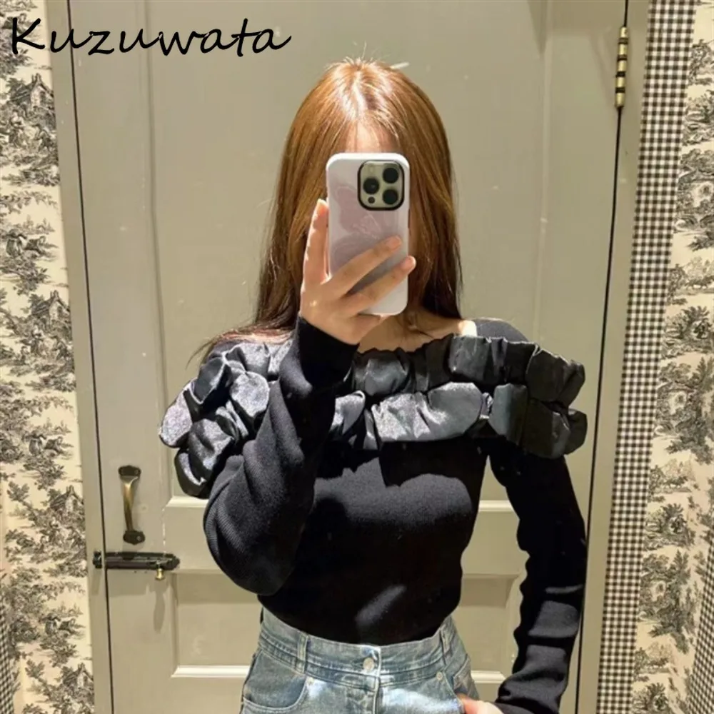 Kuzuwata Sweet Slash Neck Long Sleeve Patchwork Pullovers Solid Fungus Off Shoulder Elegant Knitted Japan Slim Fit New Sweaters