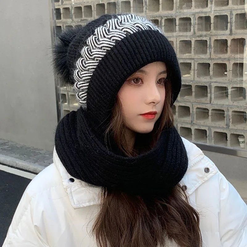 Hat Scarf All-in-one Female Winter Warm Rabbit Hair Knitted Cap Cycling Ear Protection Padded Cute Cold-proof Neck Cap