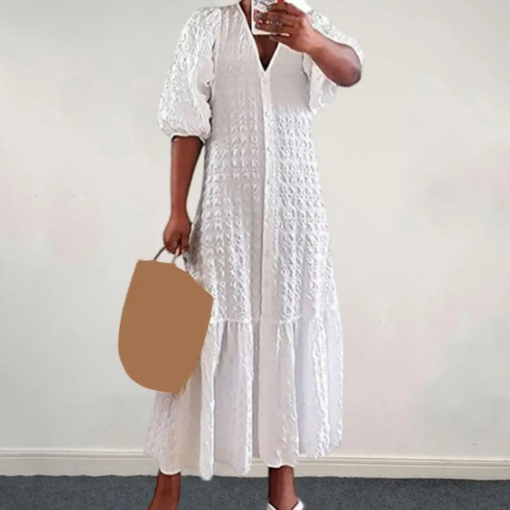 

Women Shirt Dress 2023 Summer Sexy V Neck Buttons Half Sleeve Long Maxi Vestidos Bohemian Elegant Party Robe