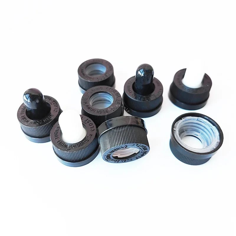 100Pcs*18mm 20mm 410 Neck Size Childproof Press Screw Dropper Lids Covers For 5-100ml Glass Essential Oils Serum Liquid Bottles