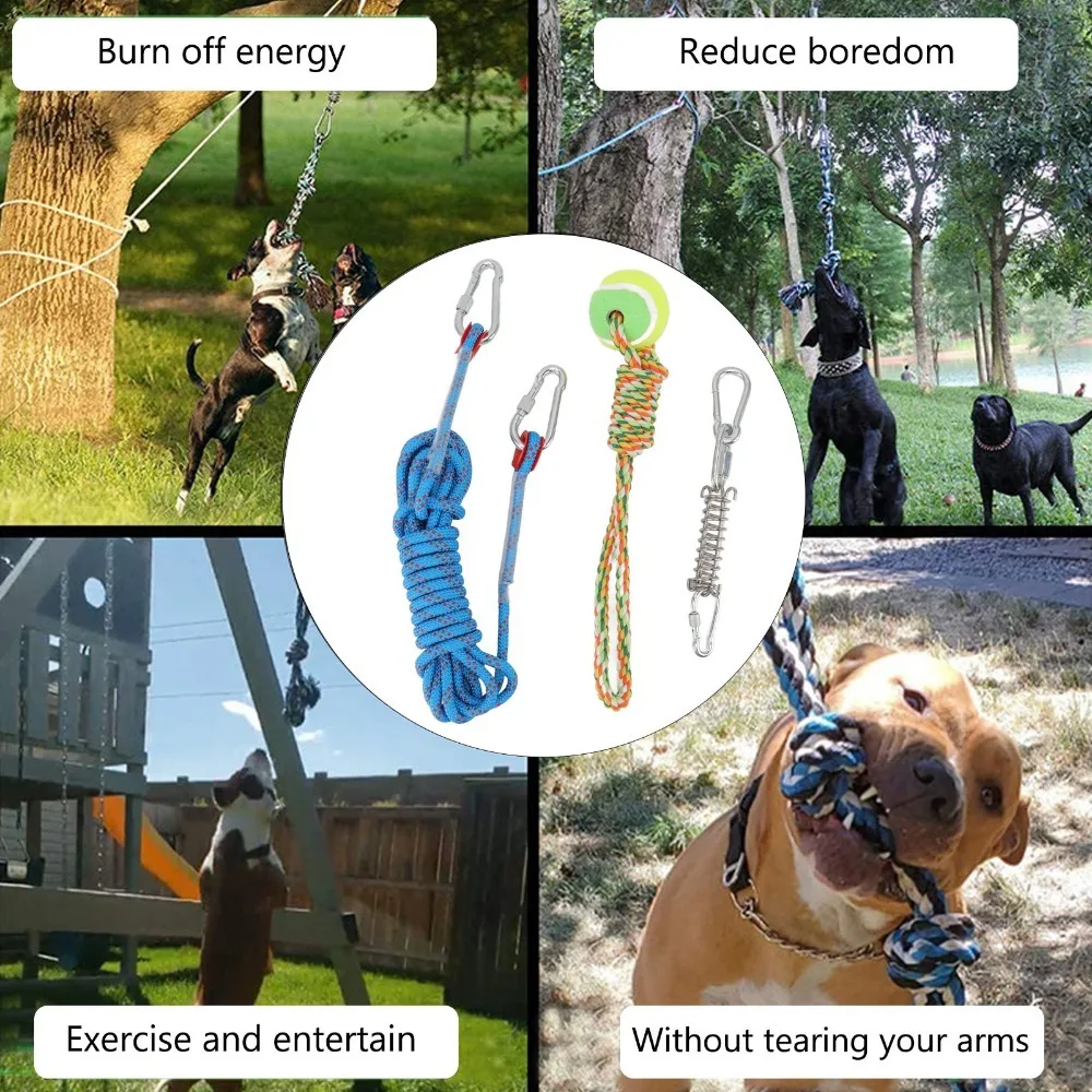 Elastic Spring Dog Hanging Tug Toy Durable Webbing Rope Knot Spring Pole Dog Toy Assorted Color Ball Rope Dog Bungee Hanging Toy