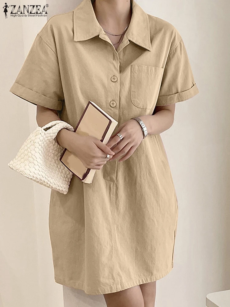 ZANZEA 2025 Summer Shirt Dress Women Casual Short Sleeve Buttons Down Sundress Stylish Solid Work Knee-length Vestidos Robe