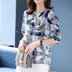 Summer Elegant Fashion New Chic Shirt Women Folk Vintage All Match Contrasting Color V Neck Half Sleeve Print Loose Casual Top