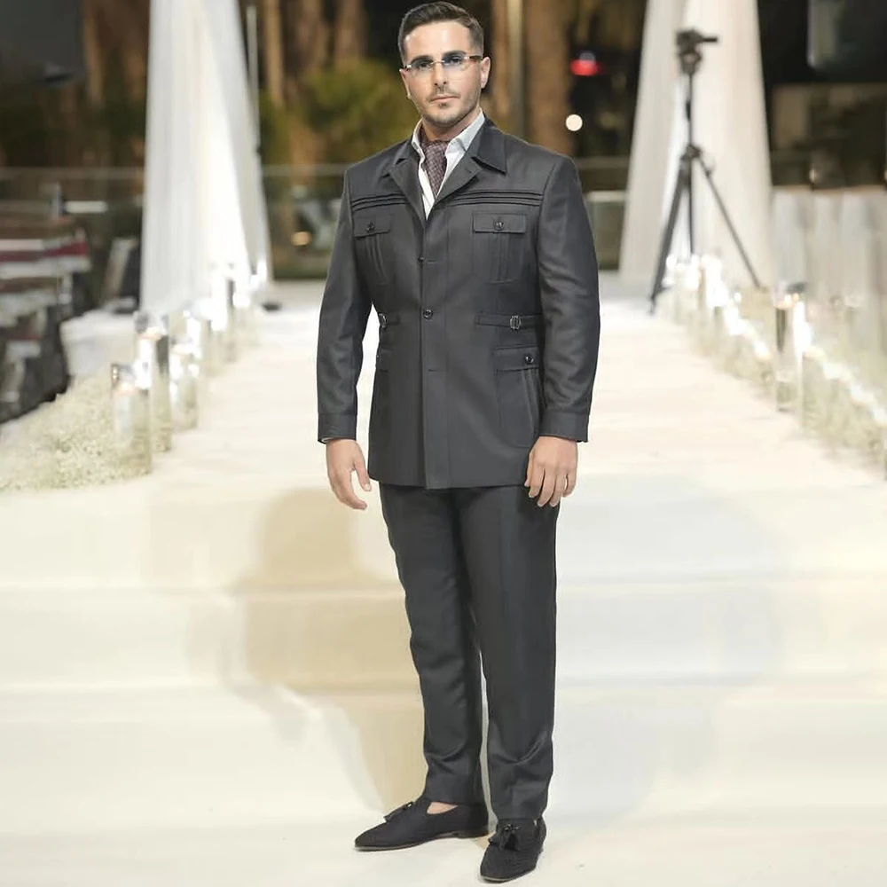 

Luxury Black Men's Suits 2026 Safari Stand Lapel Single Breasted Pleat lazer High Quality 2 Piece Jacket Pants For Evening Terno