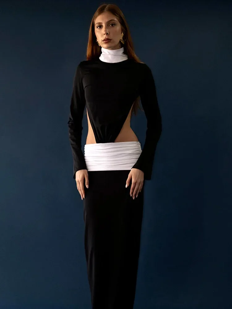 Chaxiaoa Rückenfreies Langarm-Sexy-Maxikleid für Damen, ausgeschnitten, Patchwork, Rollkragen, gerüscht, figurbetont, Club-Party, langes Kleid