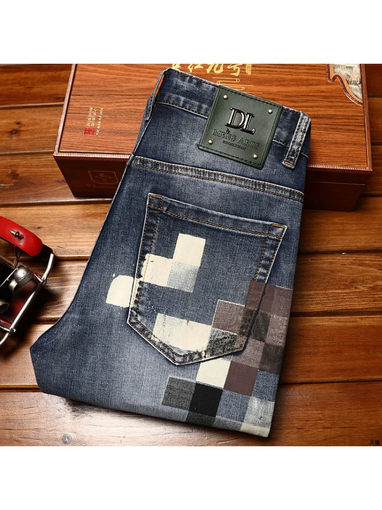 Trendy design mosaic printed jeans for men's fashionable summer thin casual and handsome elastic denim slim fit small leg pants