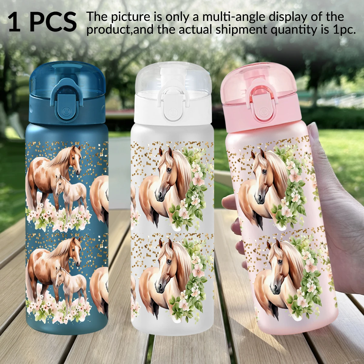 قطعة واحدة، ترتر، نمط حصان، كوب ماء بلاستيكي 26 أونصة، غطاء ترتد خارجي، كوب بلاستك مانع للتسرب، هدية مسابقة الفروسية.