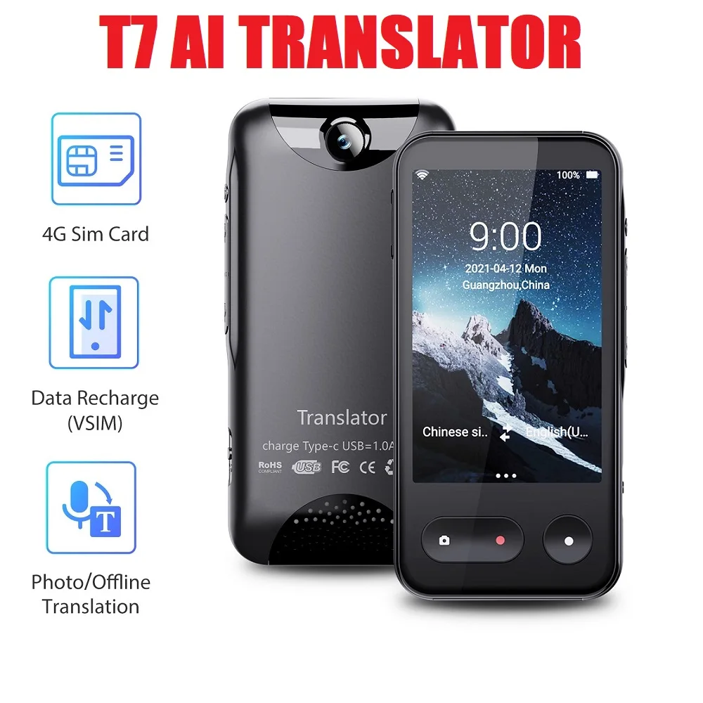 

2023 T7 Smart Voice Translator 4G Internet 138 Languages 4.0inch Touch Screen Real Time Online OffLine Translation AI Conversion