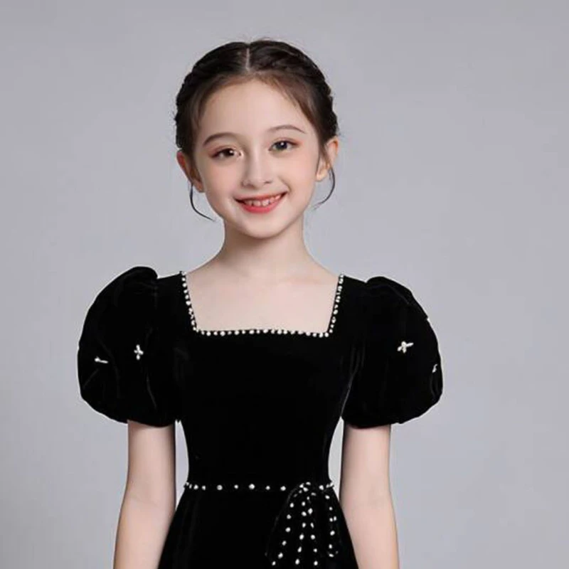 Velvet Short Sleeve Girls Evening Dress Model Piano Violin Runway Performance Costume Vestido Children French Style Birthday