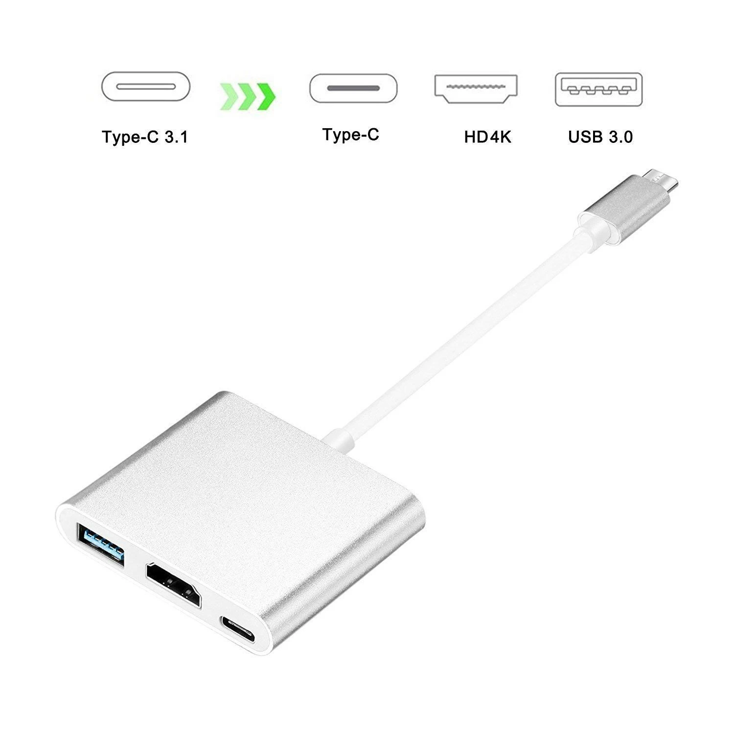 Digite C para USB 3.0 HDTV, Adaptador de carregamento, Hub Thunderbolt3, 60W PD, Macbook Air Pro, Huawei Mate10, Samsung S8 Plus, 3in 1