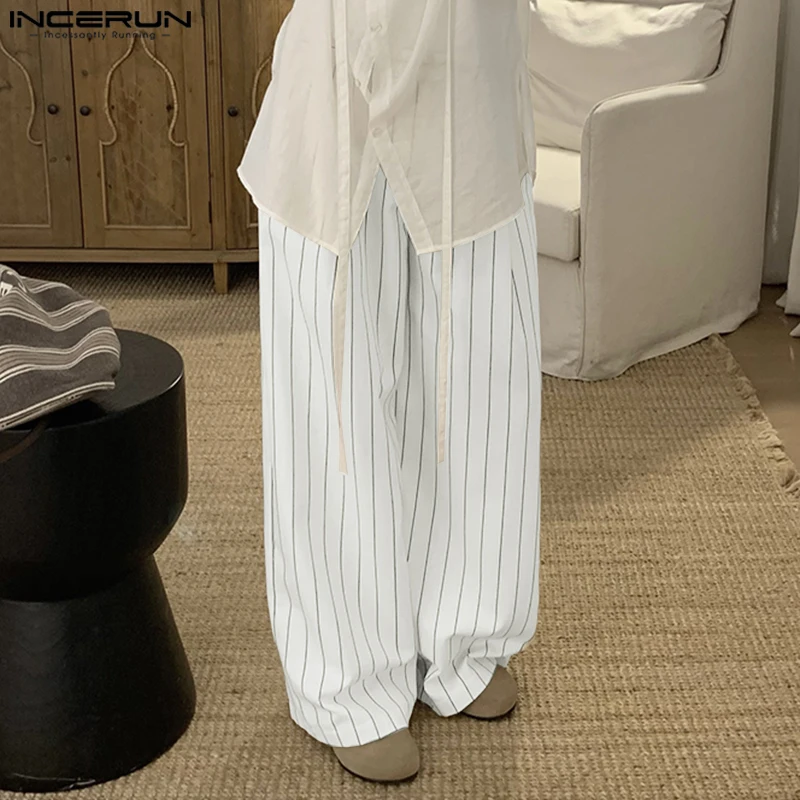 

INCERUN Men Striped Pants Button Joggers 2025 Loose Casual Straight Trousers Men Streetwear 2025 Korean Style Fashion Long Pants