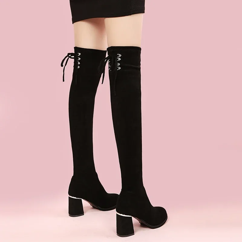 2024 New Autumn/Winter Fashion Over Knee Socks And Boots Round Head Suede High Heels Lace Up Casual Thick Heel Warm