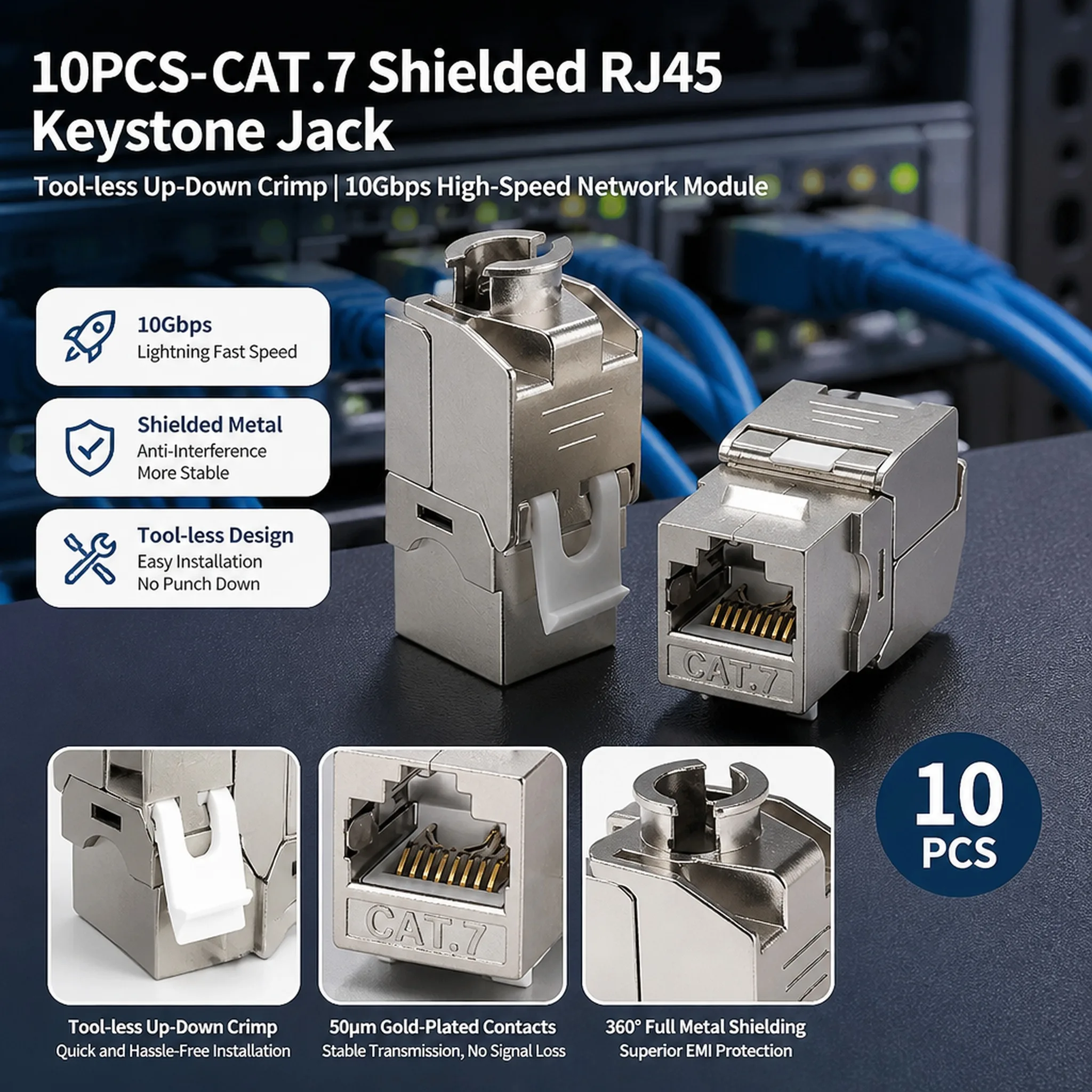 10PCS CAT7 Shielded RJ45 Keystone Jack Tool-less No Punch Down Up Down Crimp 10Gbps Ethernet Network Data Module