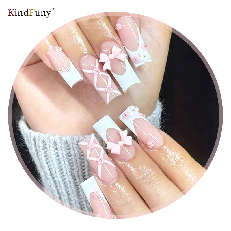 

White French Press on Nails 3D Bowknot Fake Nails Tips Full Cover Wearable False Nails for Women and Girls DIY Manicure 24Pcs