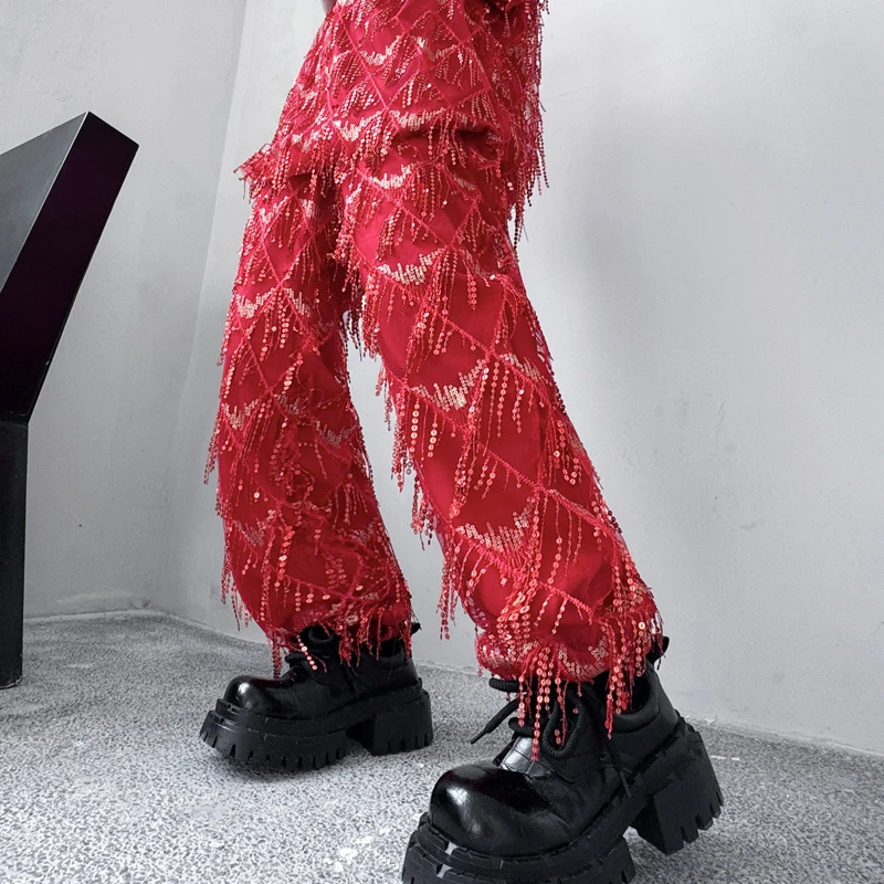 

Мужские повседневные брюки с бахромой и бусинами, красные, для выступлений, облегающие, из полиэстера