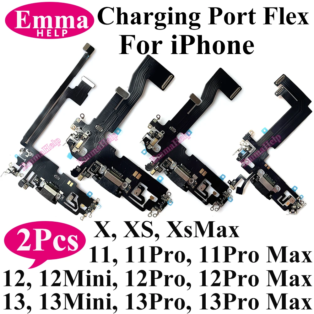 2Pcs USB Charging Port Flex Cable for iPhone XS Max XR X 11 Pro Max 12 12 Mini 13 Dock Connector Mic Board Replacement