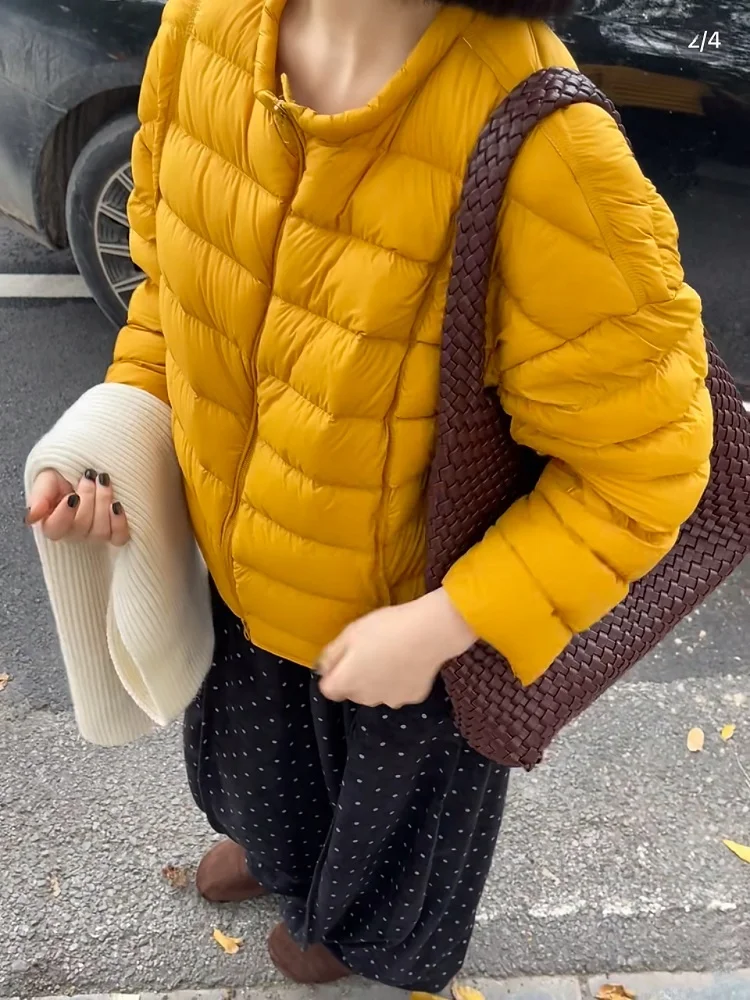

Korean Style Women's Short down Jacket Yellow Lightweight Warmth Boneless Padded Cotton Coat Casual Outdoor Winter Outerwear