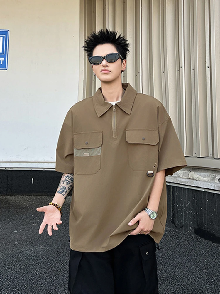 Summer Half Zip Lapel Short Sleeve Polo Shirt Men's Japanese Retro