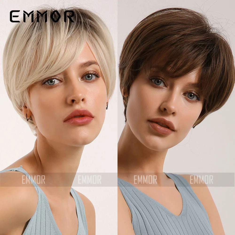 

European American Style Women Short Straight Wig Black Ombre Gold Full Head Wig Easy To Style