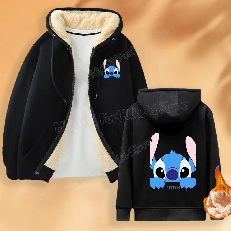 Kawaii Stitch Women Zip Up Fleece Hoodies Cartoon Printed Hood Sweatshirt Cute Female Hooded Pullover Ladies Winter Thicken Coat