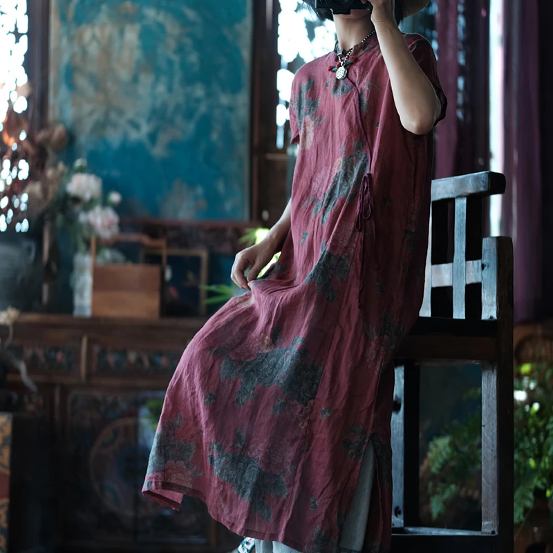 

Chinese Style Women Casual Linen Dress New Arrival 2025 Summer Vintage Floral Print Loose Ladies Elegant Long Dresses M911