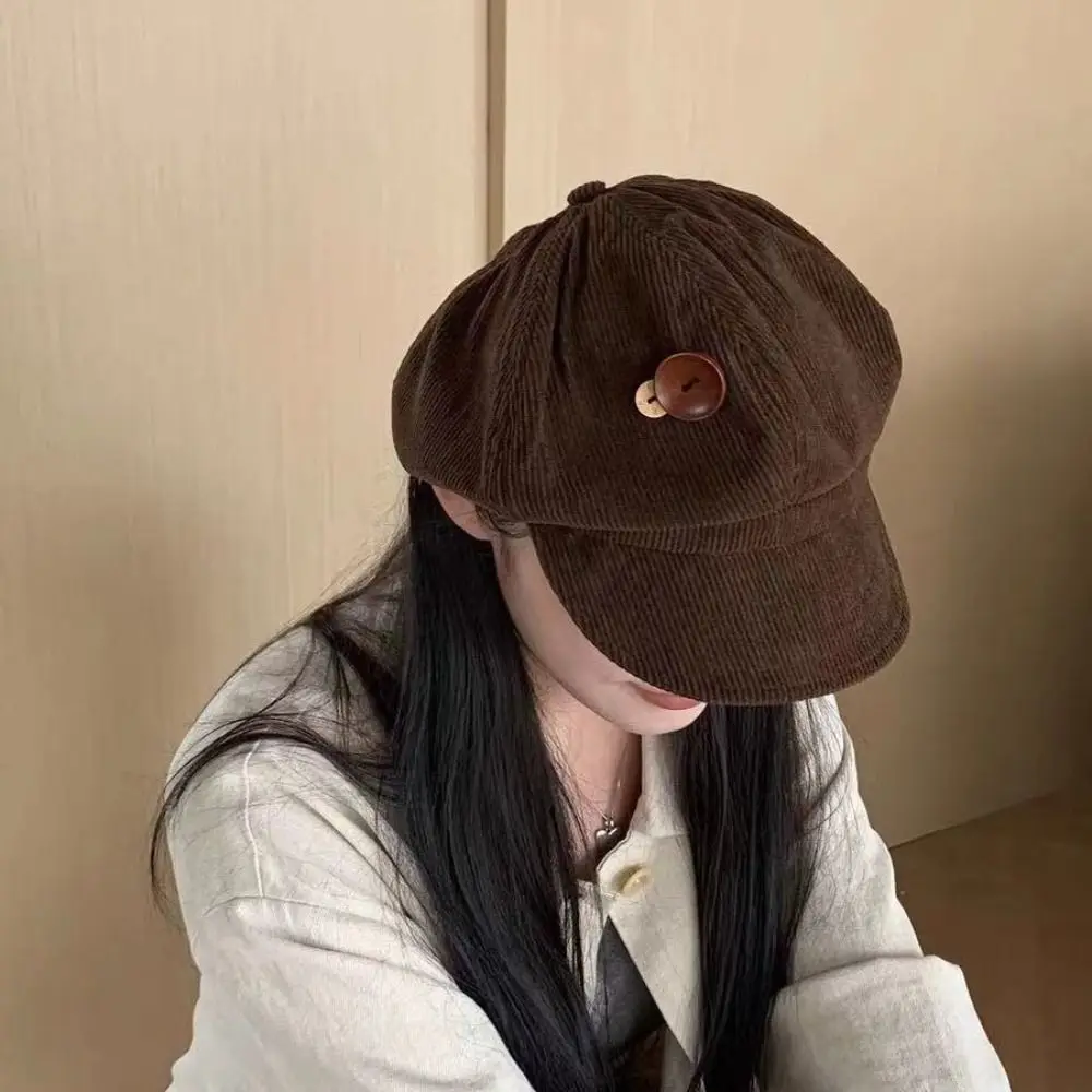Simple Y2k Double Button Berets Hat Harajuku JK Corduroy Baseball Cap Keep Warm Japanese Painter Hat Winter