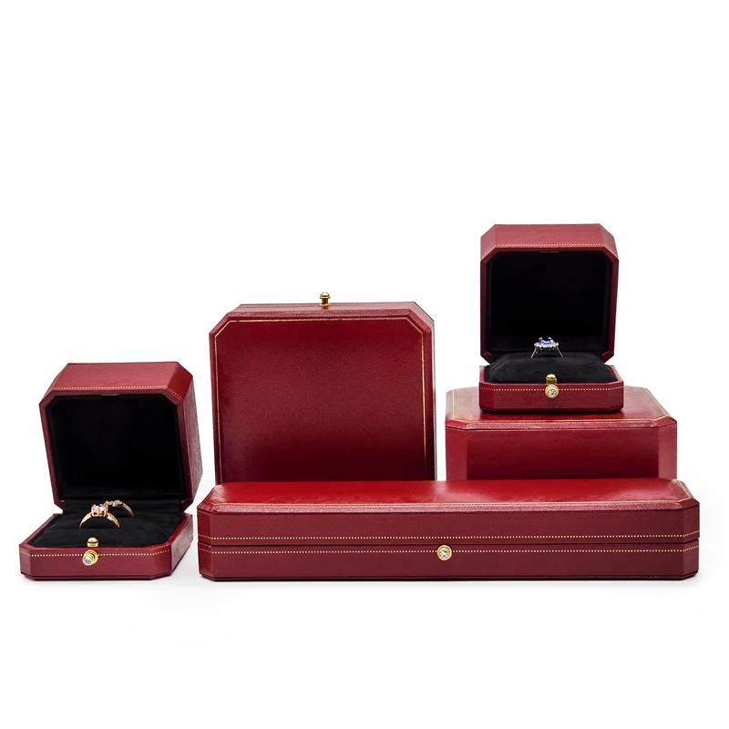 (5pcs) (Ca figure) Red Octagonal Diamond Studded Snap Ring Box, Ring Packaging Box, Wedding Ring Box