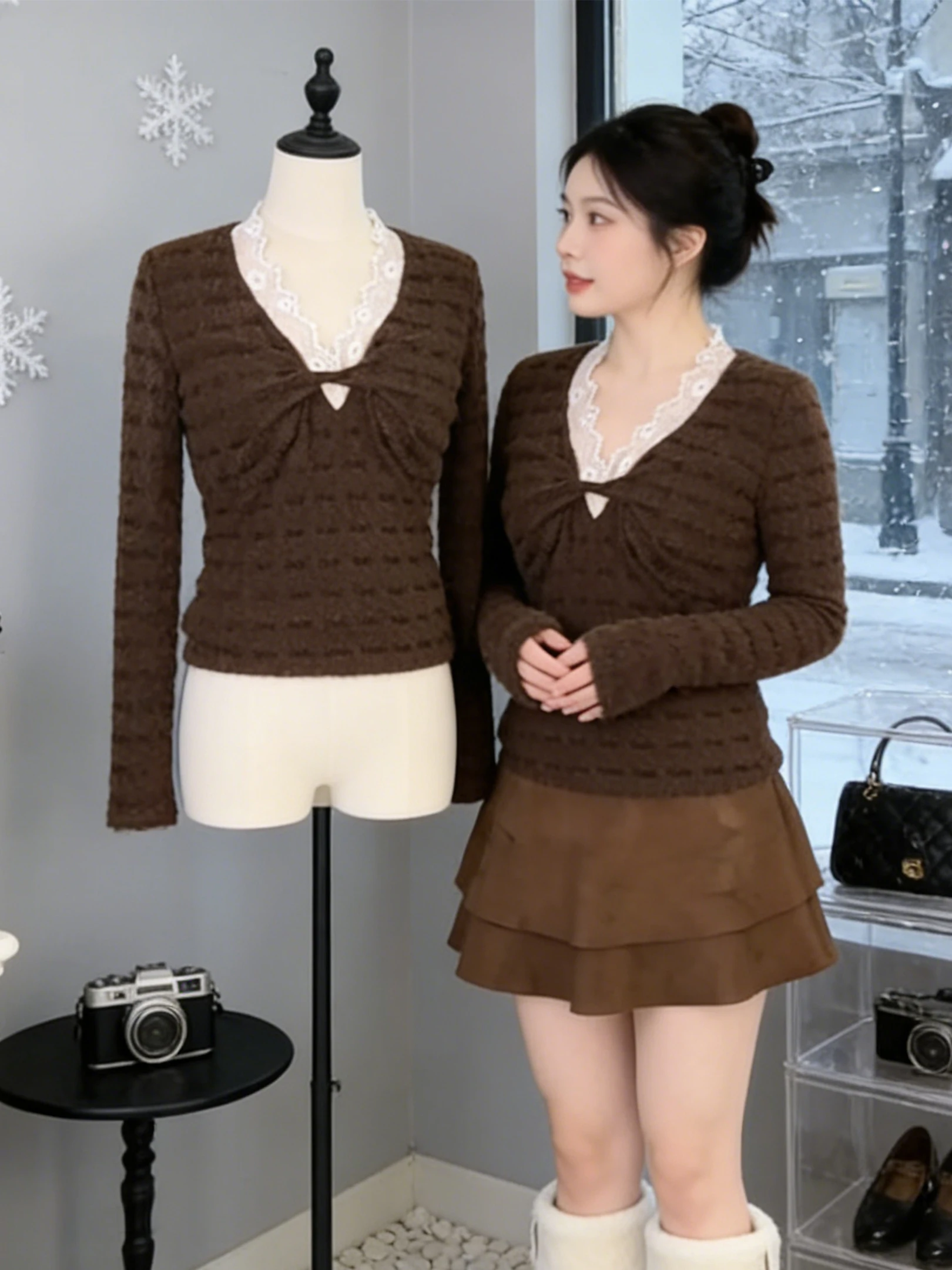 Damska bluzka plus size z długim rękawem, koronkowym dekoltem w serek, do noszenia pod spód, modna, codzienna, o dopasowanym kroju, wysokiej jakości, idealna na jesień i zimę.