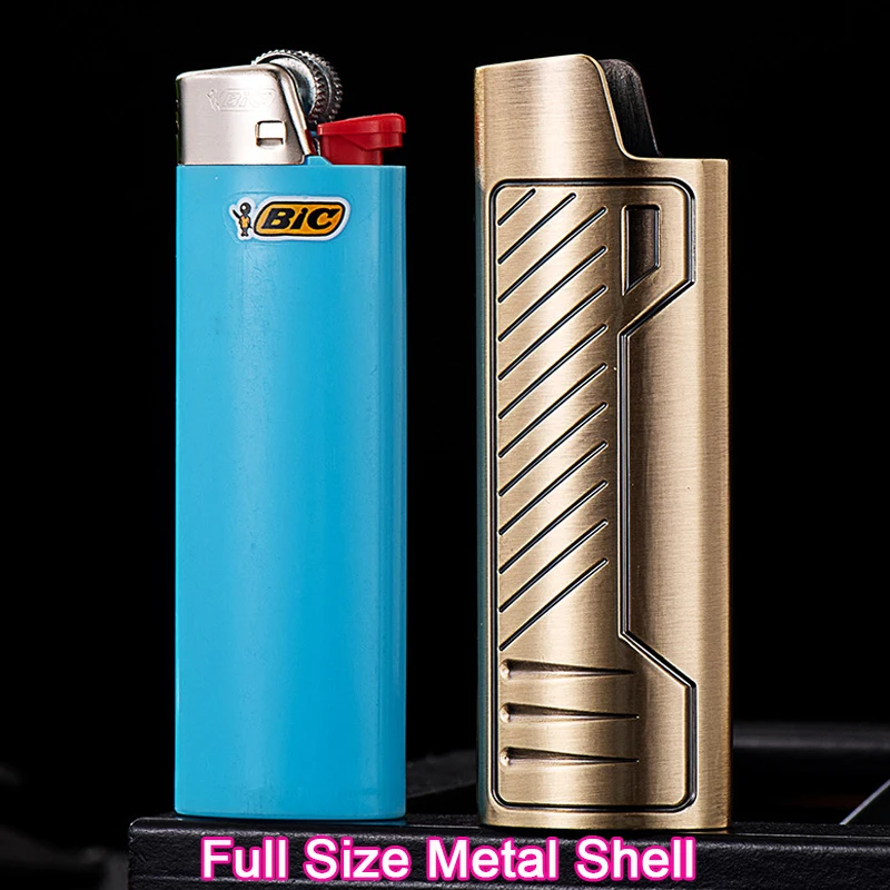 Exquisite stripes BIC Lighter Cover Case Decorative metal shell  Large holder Full size BIC j6 gas lighter 5 colors wholesale