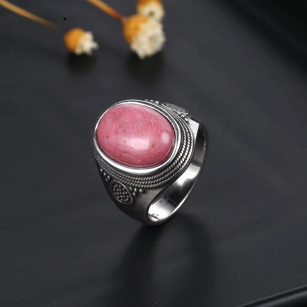 

Natural Rhodochrosite Moonstone Ring Lady S925 Silver Jewelry 10x14MM Large Tiger Eye Lapis Retro Party Ring Gift