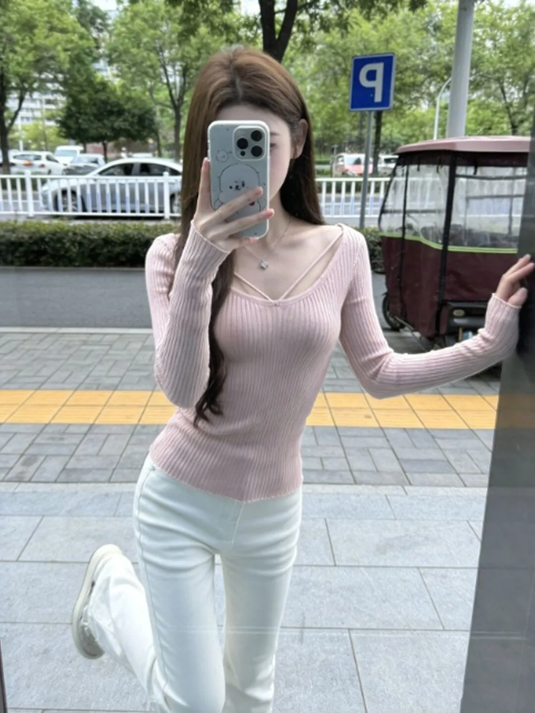 

Сексуальный розовый вязаный топ с облегающим кроем, чувственный стиль Pure Desire, повседневный свитер с длинным рукавом и V-образным вырезом для женщин, весна-лето