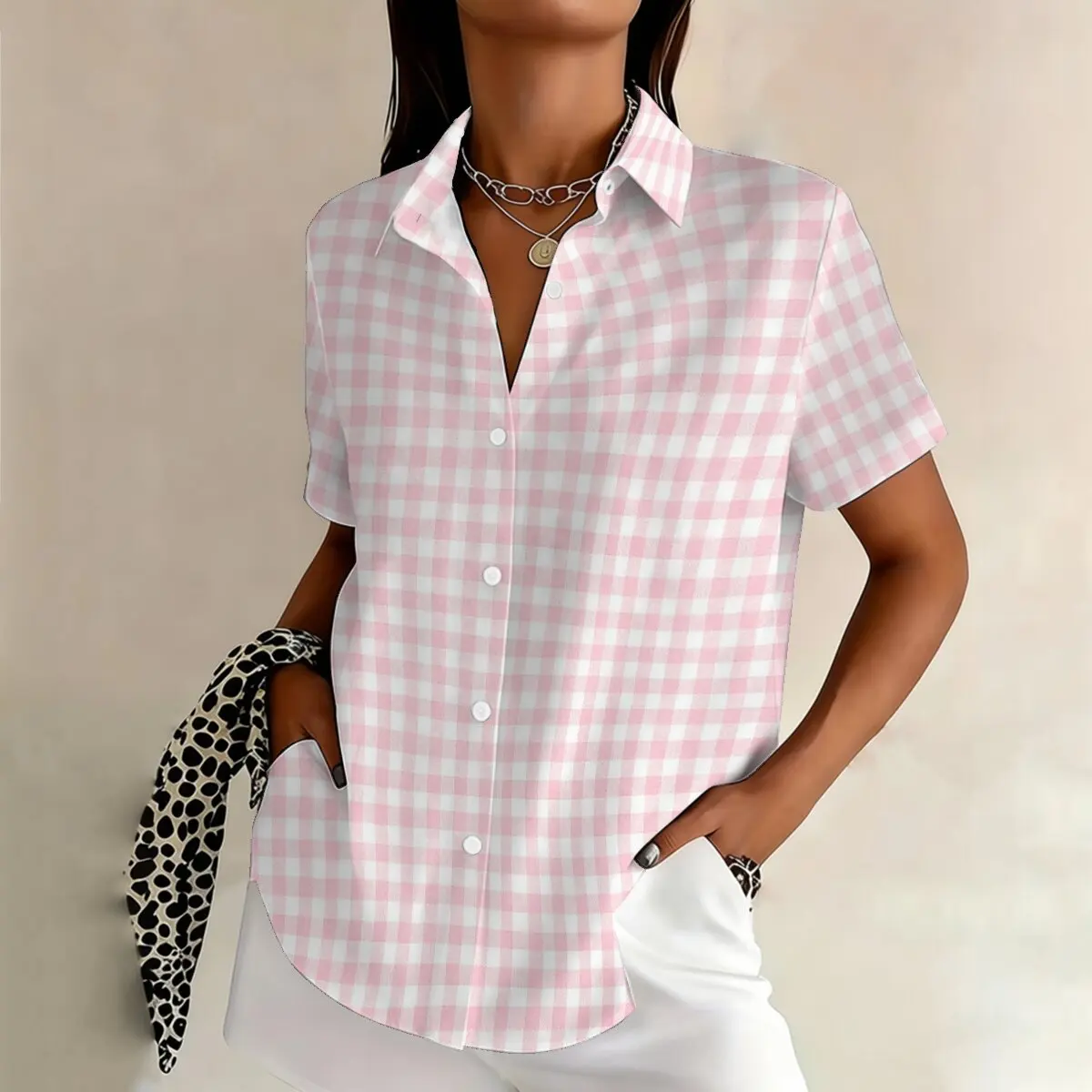 

Personalized minimalist checkered print summer women's plus size lapel short sleeved shirt fashionable daily versatile top