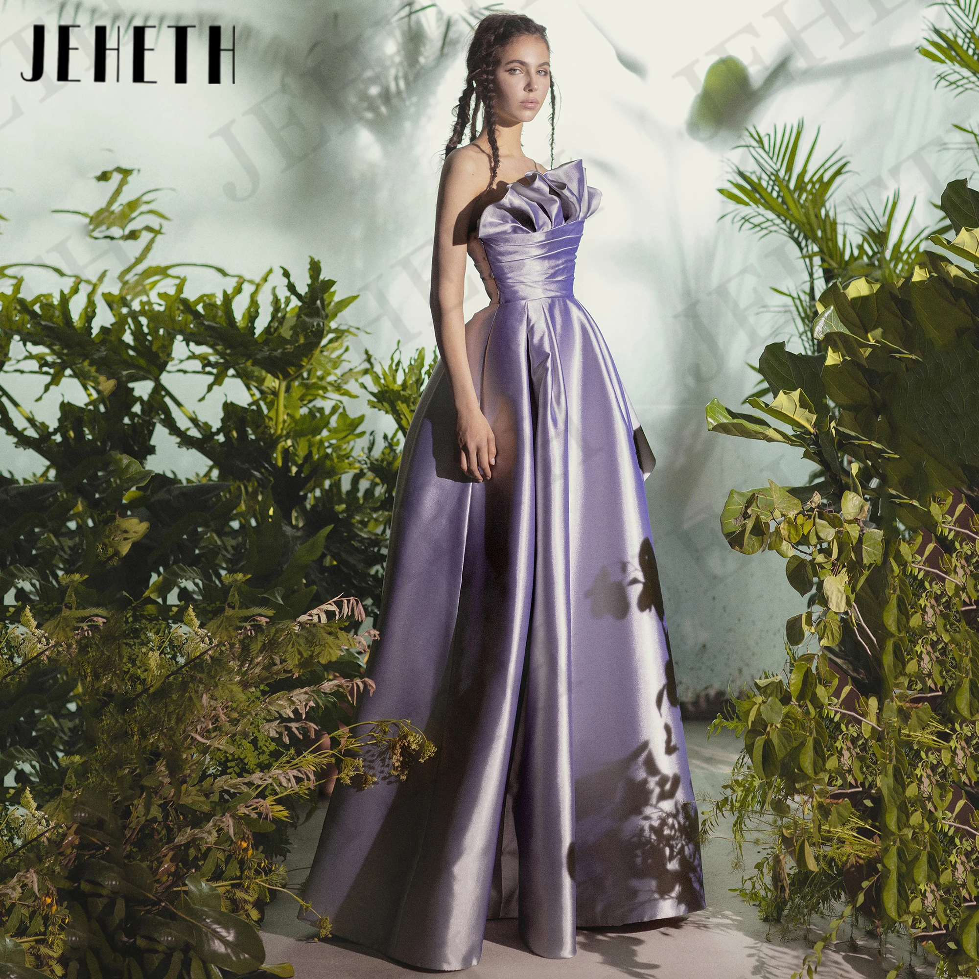 JEHETH Modern Satin Prom Dress Lavender A Line Strapless Floor Length Graduation Dresses vestidos de fiesta Sleeveless Dubai