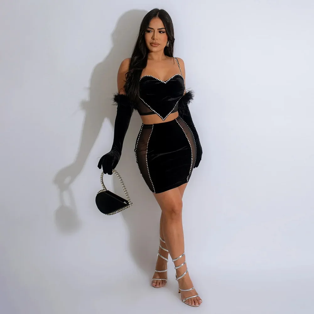 

Wishyear Diamonds Splicing Strapless Love Shape Mesh Velvet Tops and Mini Skirts Two 2 Piece Outfits Women's Dress Set Birthday