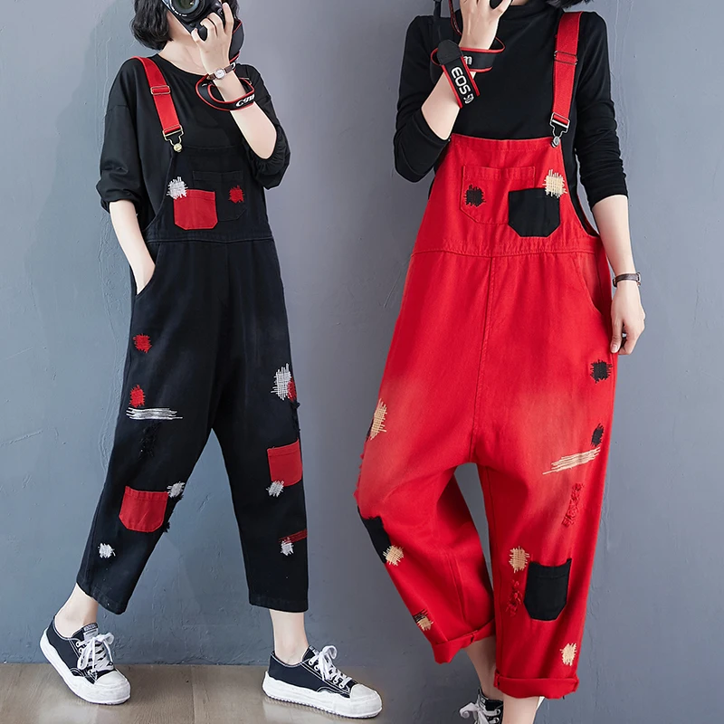 Fashion Streetwear Black Or Red Denim Overalls Womens Autumn Pockets Ripped Mom Jeans Jumpsuit Loose Big Size Straps Baggy Pants