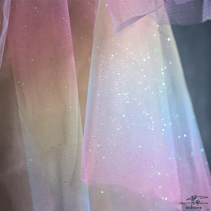 Mesh Fabric Soft Thin Gauze Dreamy Gold Stamping Colorful Sequins Rainbow Gradient Color Wedding Shooting Background Clothing