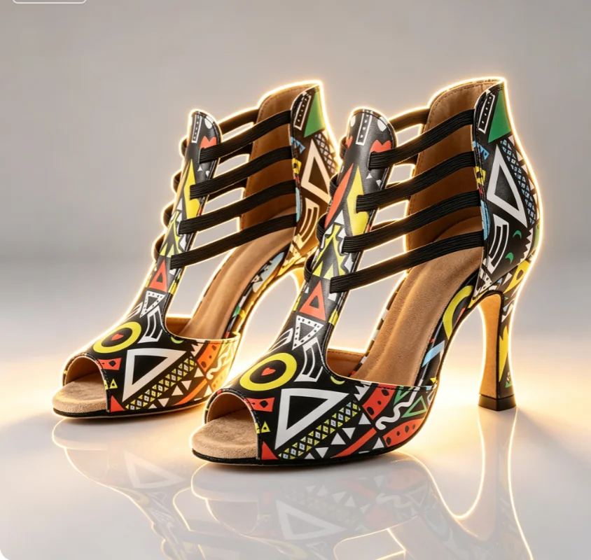 Women Geometric Print Latin Dance Boots Elastic Strap Peep Toe Salsa Tango Ballroom Shoes Girls Sneaker Party Dancing Footwear