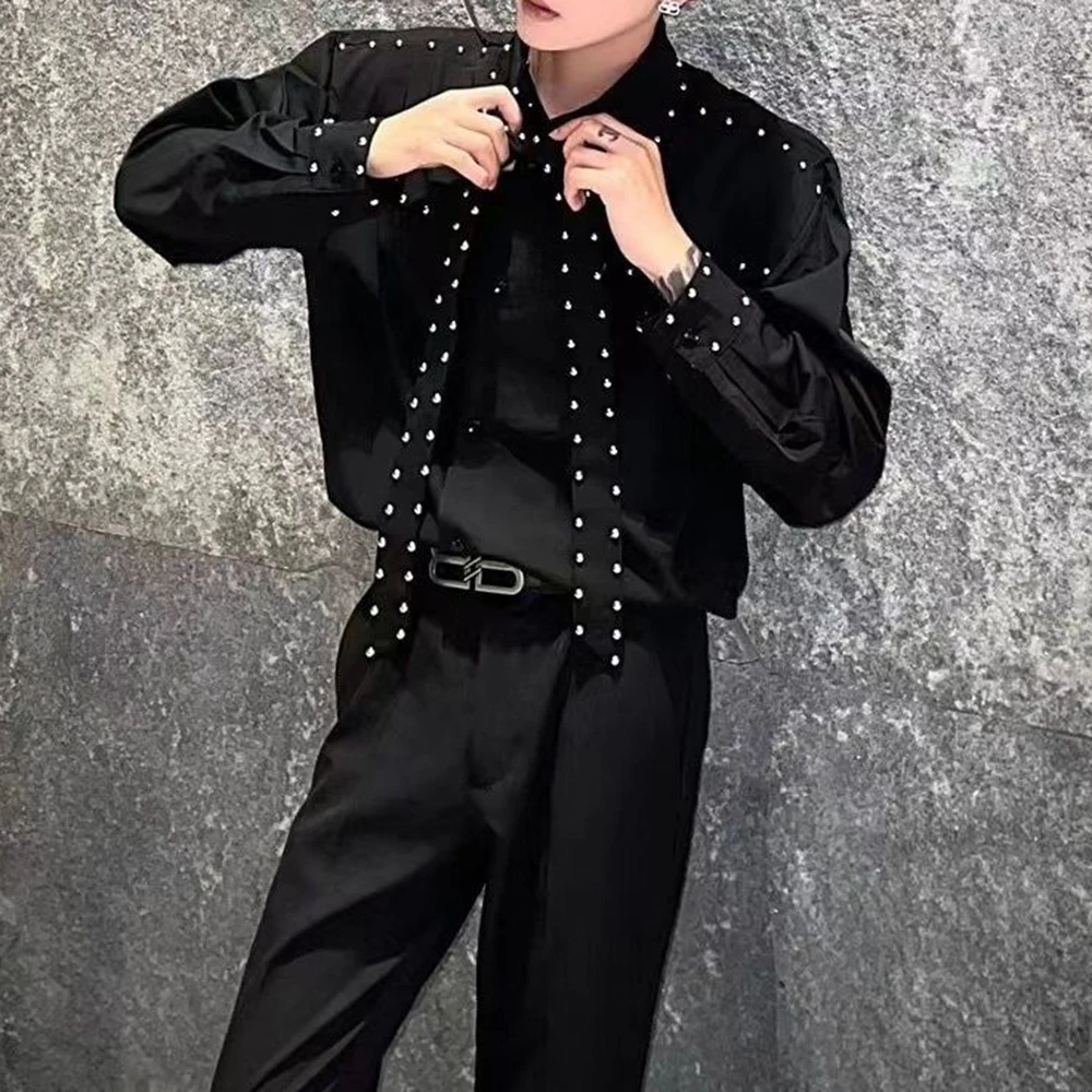 

Mens Shirts Rivets Ribbons Casual Shirts Streetwear Trendy Niche Youth Campus Performance Long-Sleeved Tops Men'S Clothing 2025