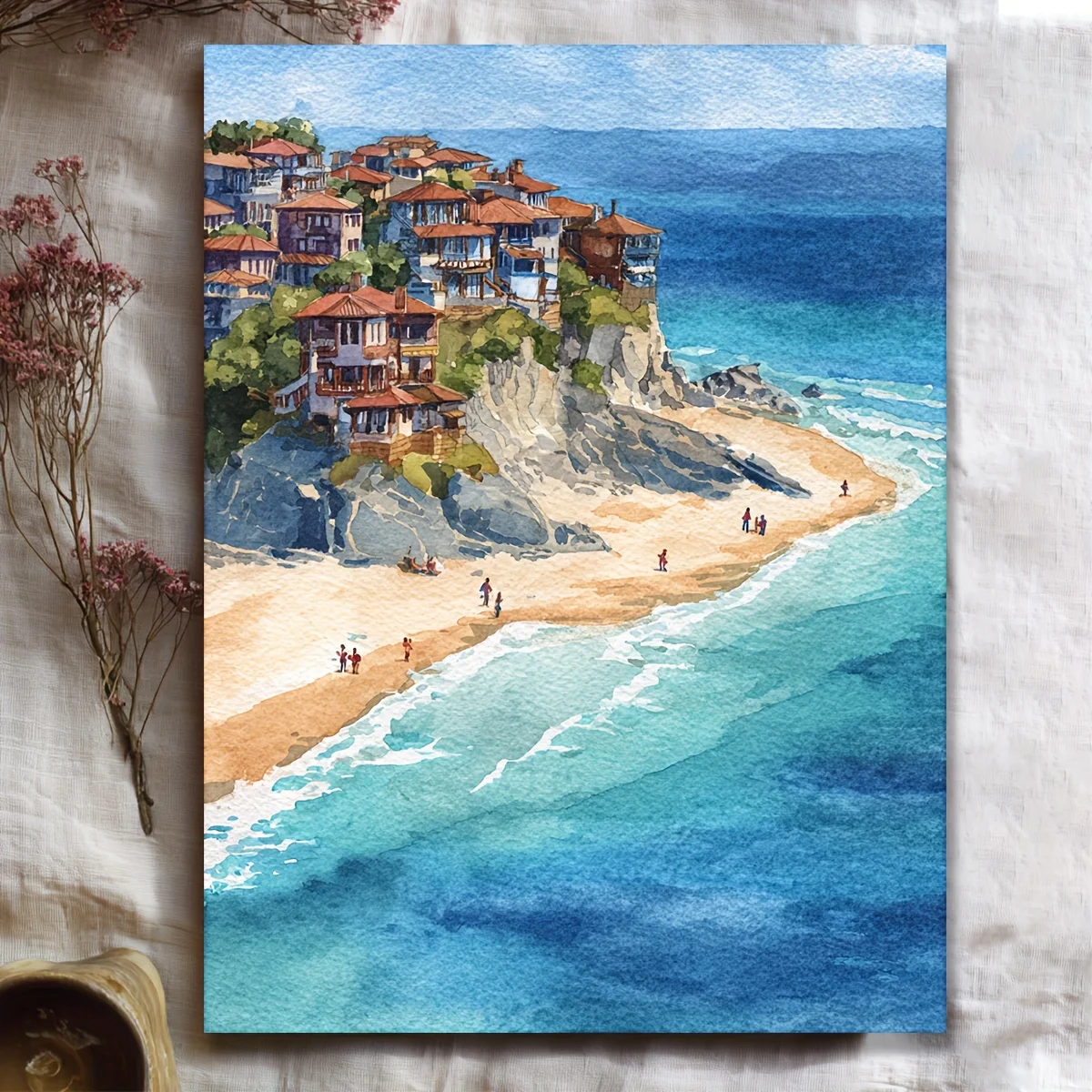 (No frame)1pc 12x16 Inch Framed Sinemorets Veleka Beach Bulgaria Watercolor Print - Manga-Style Coastal Art Painting with Nat