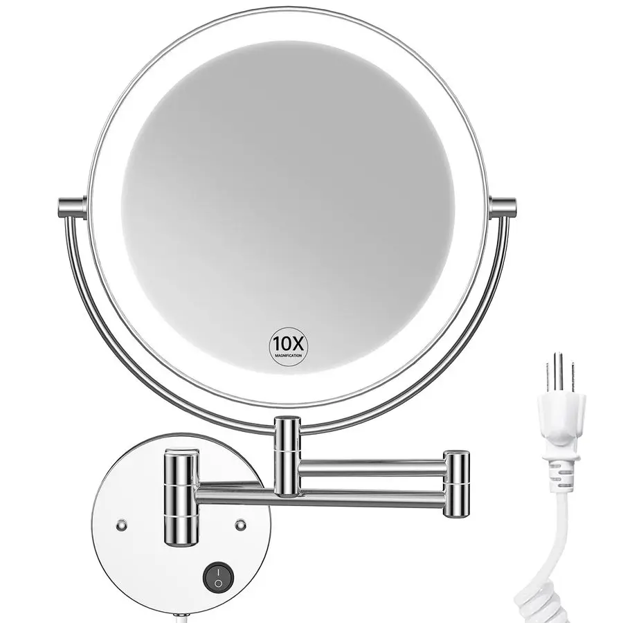 

9 Large Size Wall Mounted Lighted Makeup Vanity Mirror, 1X 10X Magnifying 2Sided AC Plugin Powered Bathroom Mirror, 360 Swivel