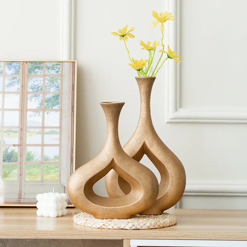 Gold special-shaped ceramic flower ware creative home ornament living room decorative vase dining table medieval ceramic vase