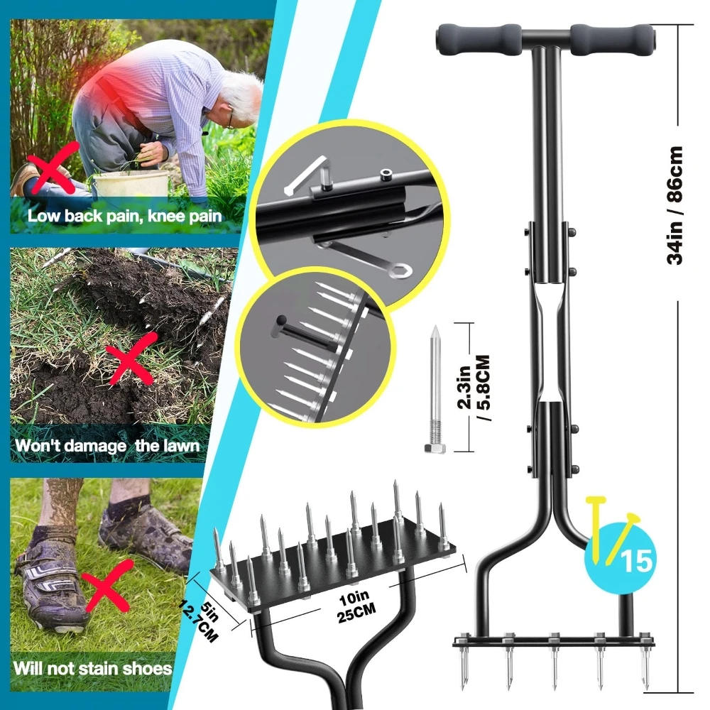 

Аэратор для газона с шипами, ручной распутыватель почвы с 15-зубными шипами, ручной разрыватель почвы, аэрация газона для ухода за дворовыми лужайками и ослаблением