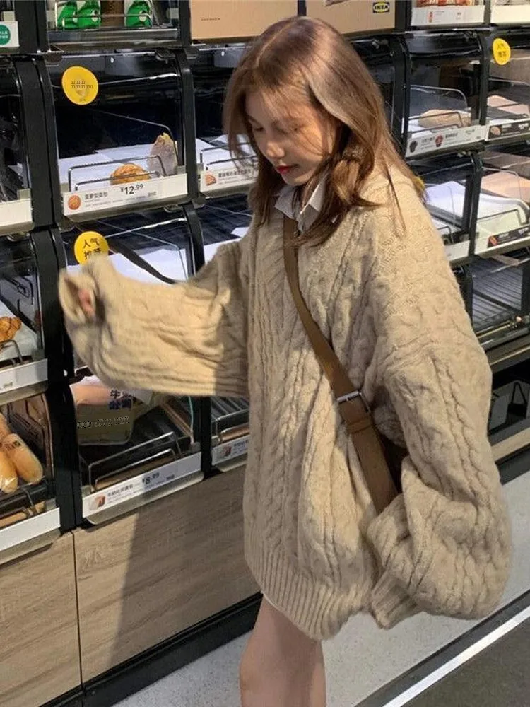 الوردي الخريف الشتاء Thiened الدافئة V-ne لينة الملتوية سترة المرأة فضفاضة محبوك أعلى الكورية Sle عارضة Faion البوليستر... #3