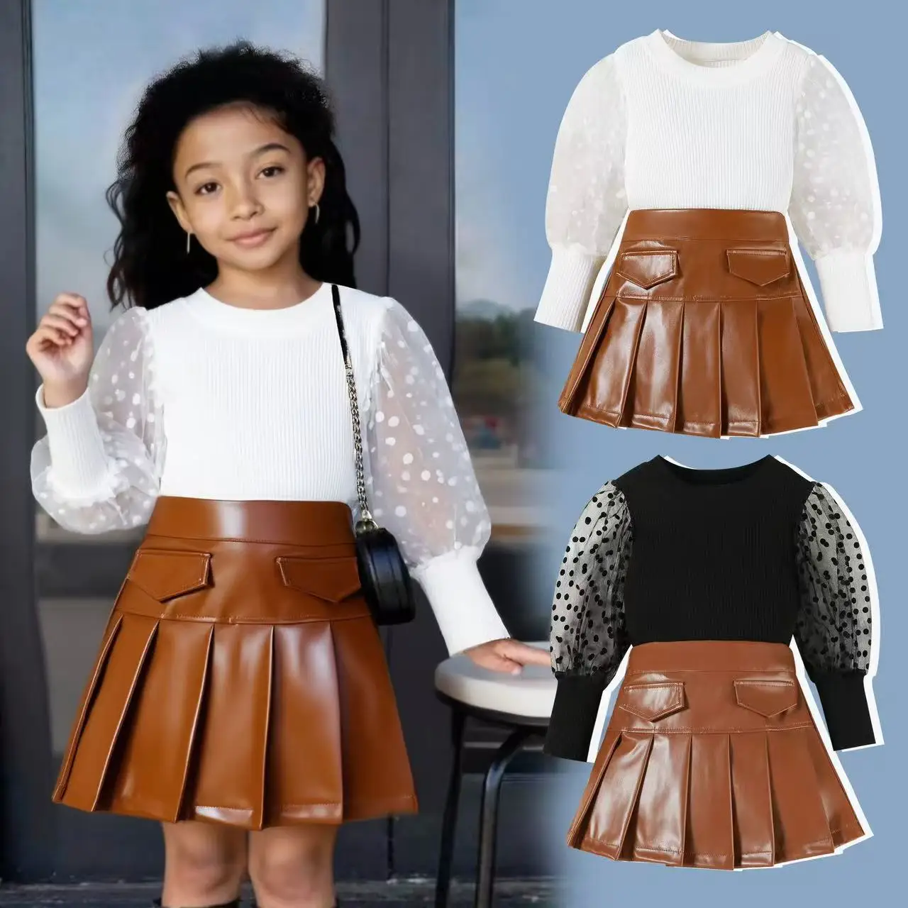 

European American Kids Outfit Ribbed Mesh Sleeve Top with PU Leather Pleated Skirt Two-Piece Set 90-130cm