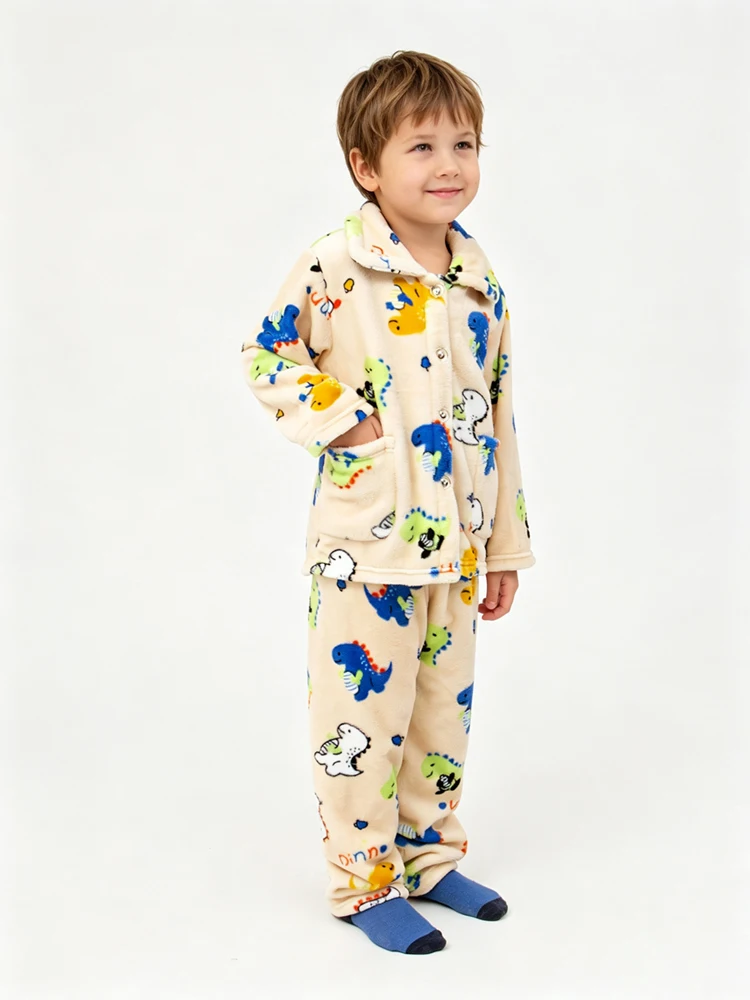 2026 Herbst Winter Kinder Coral-Fleece Schlafanzug-Sets Baby Jungen Mädchen Dinosaurier-Druck Langarm Warme Bequeme Nachtwäsche – Detail 4