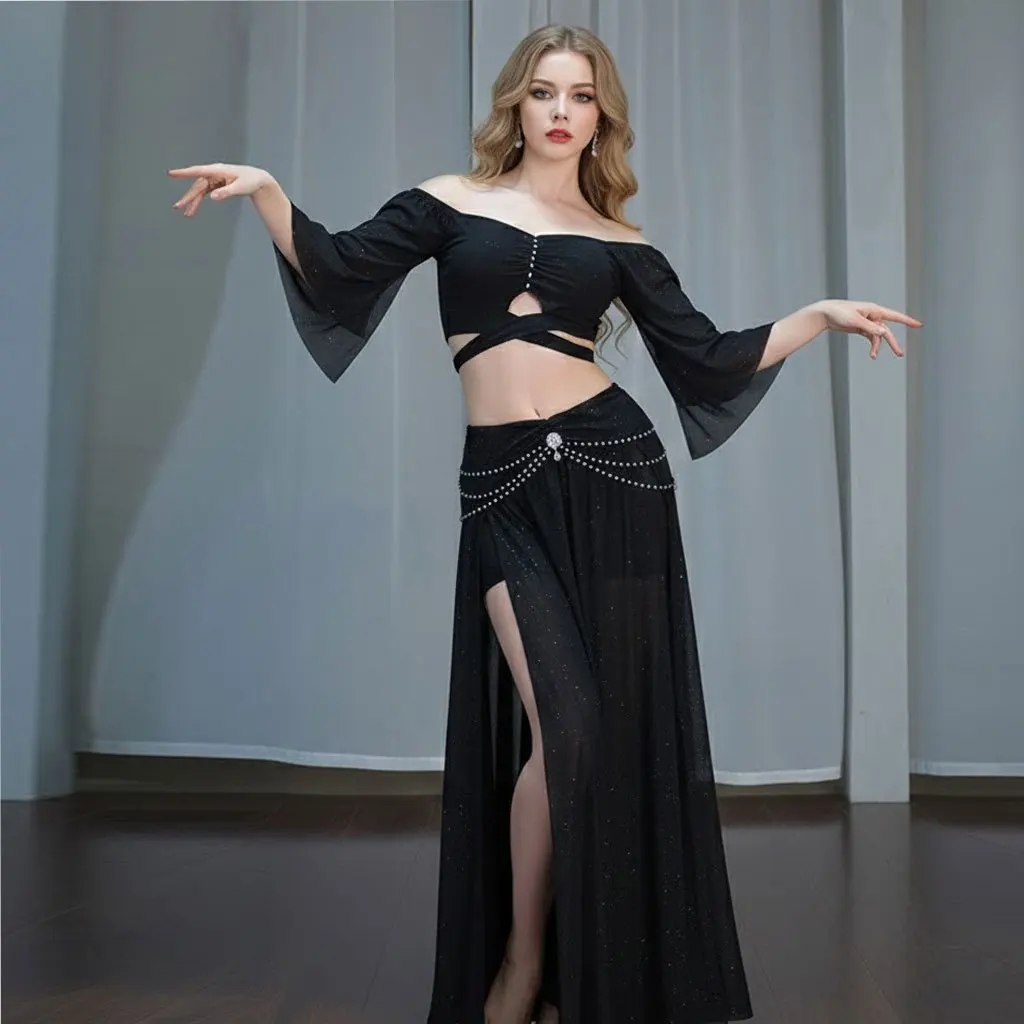 Women's Belly Dance Practice Wear Set -Slimming Ruched Top & High Split Skirt - Stretchy Oriental Dance Training Outfit