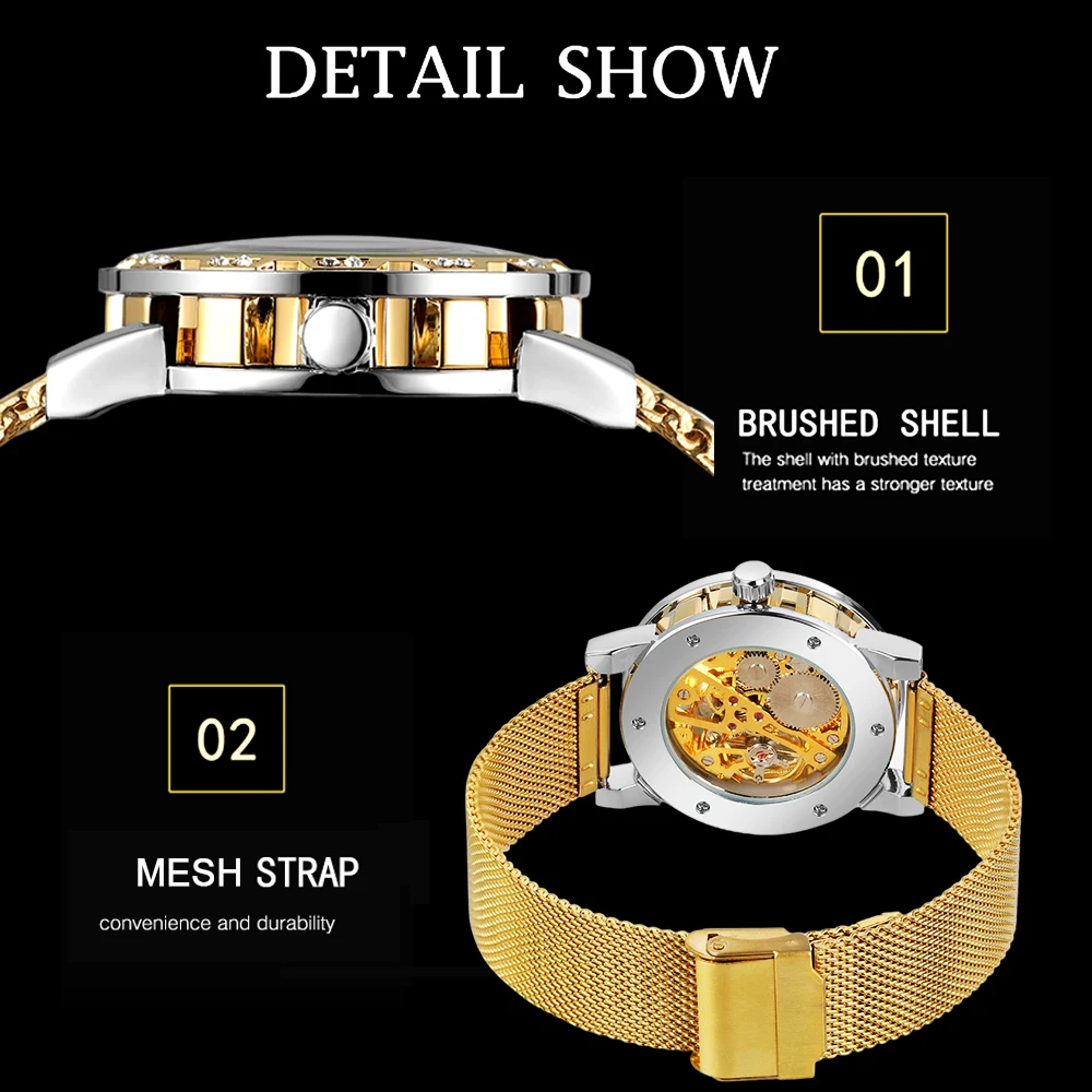 T-WINNER Classic Roman Numerals Mens Watches Engraving Skeleton Mechanical Luminous Pointers Rhinestone Mesh Band Man Wristwatch
