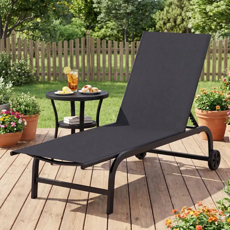 Adult Outdoor Lounge Chair With Wheels, 6 Position Adjustable Backrest Metal Frame Breathable Mesh Fabric, For Pool Garden Lawn Sunbathing, Black
